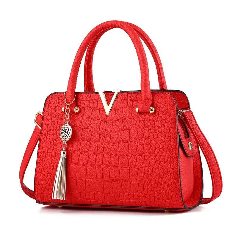 Black Crocodile Pattern Handbag with Gold V Hardware & Tassel | Luxury Women's Shoulder Satchel