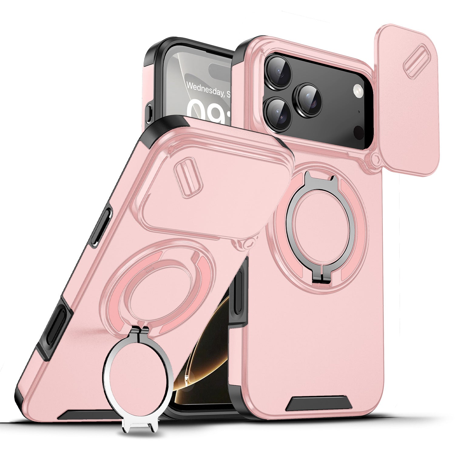 Navy Blue Armor Phone Case with Ring Stand, Sliding Camera Cover and Magnetic Kickstand, Heavy Duty Shockproof Protection