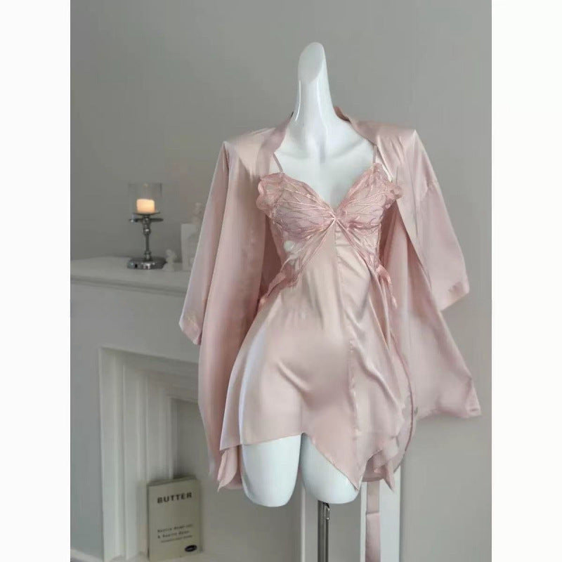 Women's Black Butterfly Lace Satin Nightgown & Robe Set | 2-Piece Halter Mini Slip Dress with Kimono Cardigan | Aesthetic Sleepwear Set