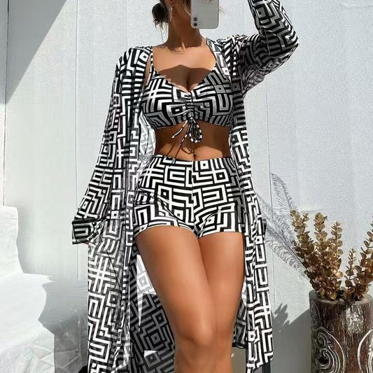 Geometric Maze Print 3-Piece Bikini Set, Front Tie Crop Top & High Waist Shorts with Long Kimono Cover Up, Women Brown Cream Swimwear, Luxury Matching Beach Outfit, Resort Vacation Swimsuit