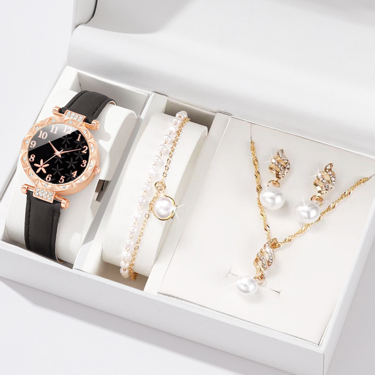 Women's Rose Gold Diamond Watch & Pearl Jewellery Gift Set | 6 Piece White Leather Strap Watch Necklace Earring Bracelet Ring Set
