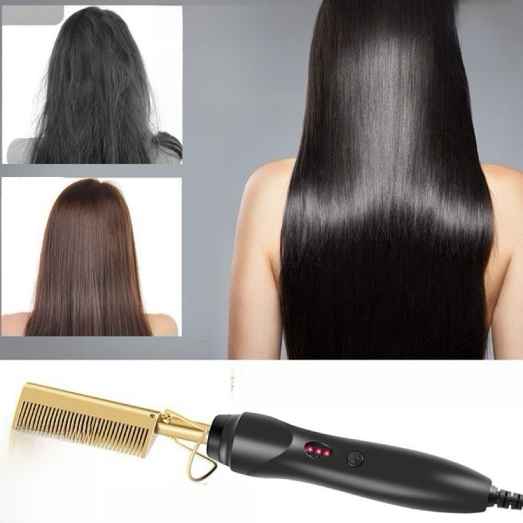 Gold Electric Hot Comb Press | Black Gold Straightening Pressing Comb with Protective Guard | US EU UK AU Plug Universal Voltage Hair Press Comb for Men & Women