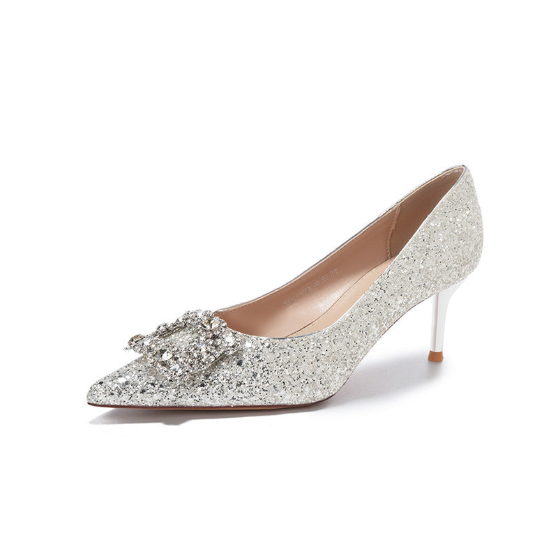 Gold Glitter Stiletto Heels | Crystal Rhinestone Buckle Pointed Toe Pumps | Wedding & Evening Party Shoes for Women