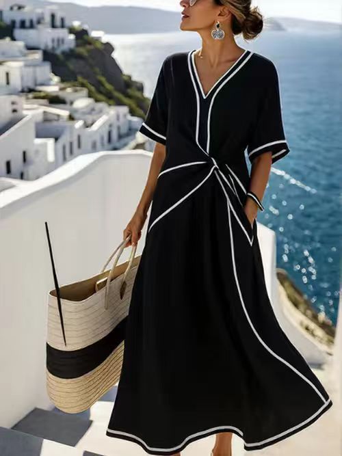 Women's Beige Contrast Trim Two Piece Set | V-Neck Twist Top + Wide Leg Pants Summer Co-ord Outfit