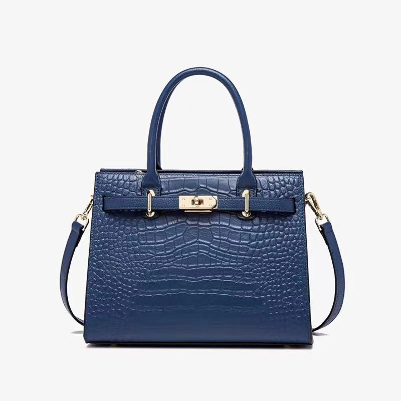 Black Crocodile Embossed Leather Handbag with Gold Turn-Lock | Structured Tote Bag