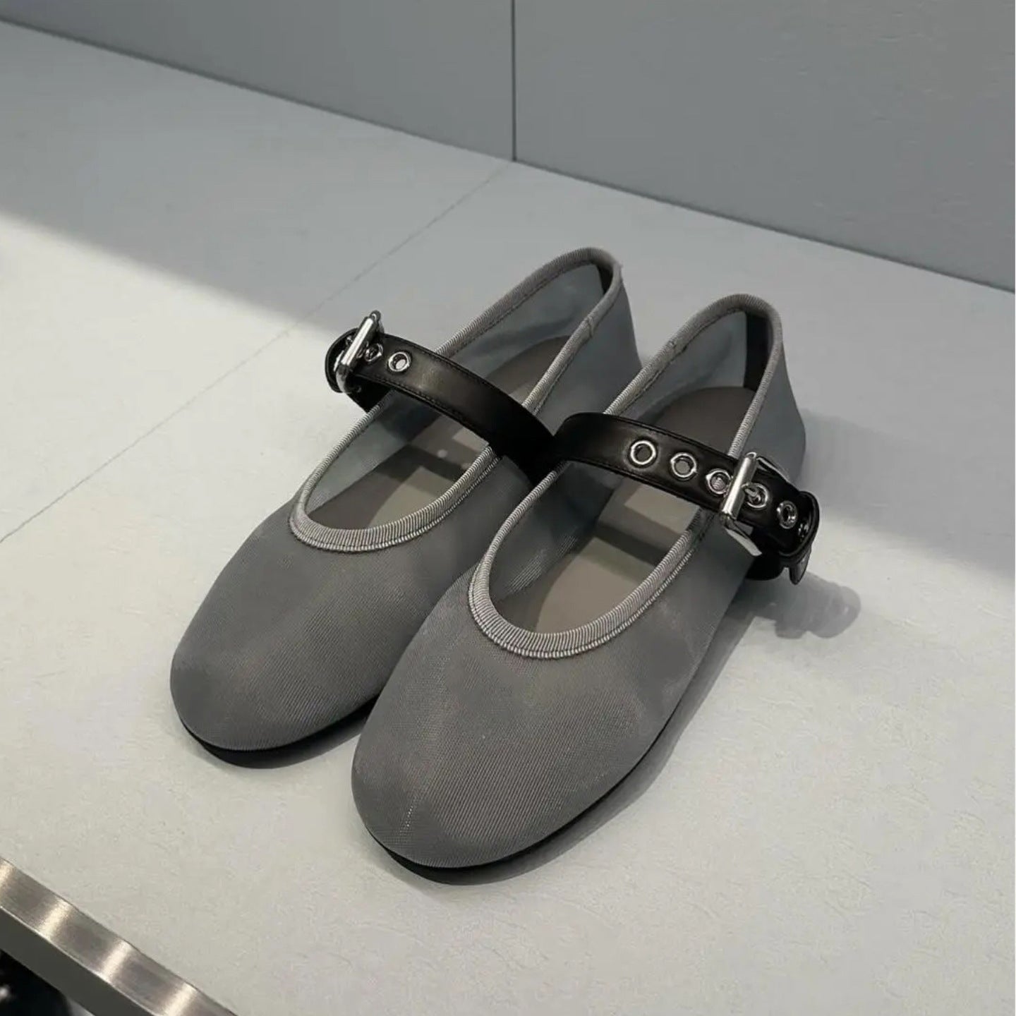 Miu Miu White Mesh Fabric Ballerinas | Buckle Strap Logo Ballet Flats for Women