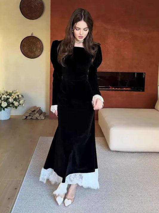 Black Velvet Maxi Dress with White Lace Cuffs & Hem | Women's Long Sleeve Square Neck Elegant Evening Gown