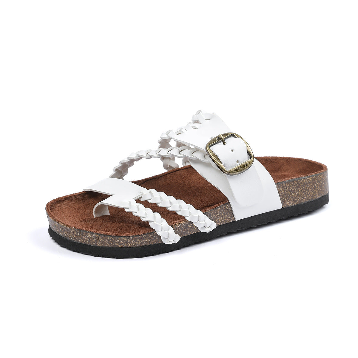Cream Braided Strap Cork Footbed Sandals Gold Buckle Toe Post Flat Suede Sandal | Women Boho Summer Beach Casual Comfortable Everyday Fashion Sandals