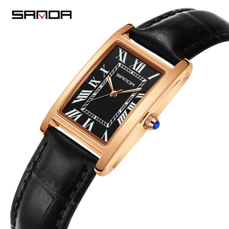 SANDA Women's Rectangle Rose Gold Watch | White Roman Numeral Dial Blue Hands Black Leather Strap Classic Quartz Timepiece