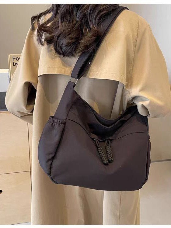 Brown Nylon Slouchy Shoulder Bag - Gathered Hobo Bag with Braided Cord Detail | Lightweight Casual Crossbody Tote