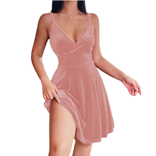 Velvet Spaghetti Strap Mini Dress | V-Neck Wrap Skater Dress with Side Slit | Sexy Party Club Dress in 6 Colors