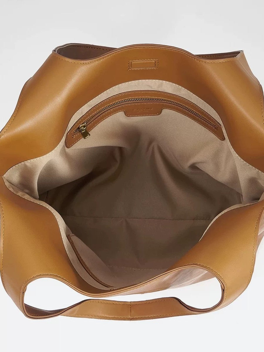 Tan Leather Tote Bag with Embossed Logo | Camel Brown Shoulder Bag