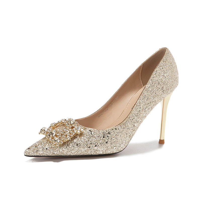 Gold Glitter Stiletto Heels | Crystal Rhinestone Buckle Pointed Toe Pumps | Wedding & Evening Party Shoes for Women