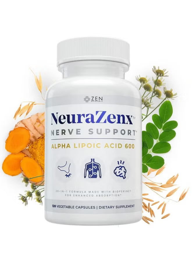 NeuraZenx Nerve Support – Alpha Lipoic Acid 600 | 20-in-1 Formula with BioPerine® | 120 Vegetable Capsules by Zen Nutrients