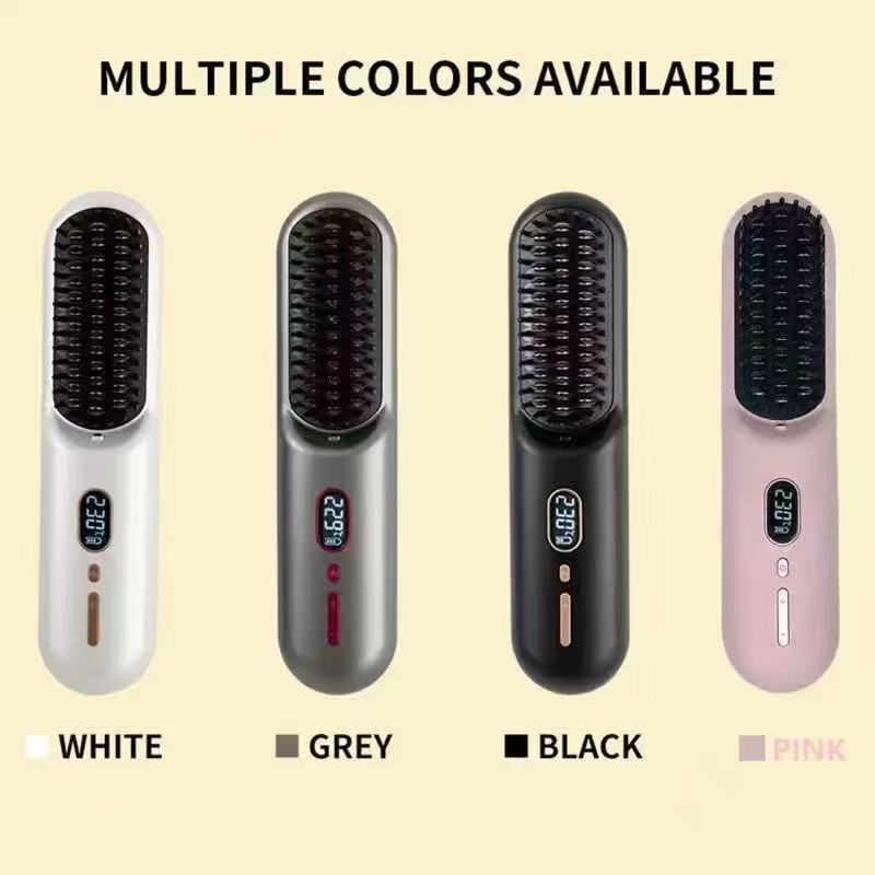 LCD Digital Hair Straightening Brush | Cordless Electric Heated Comb 226�C | Portable Ionic Anti-Frizz Hair Straightener | Gray Rechargeable Hot Comb