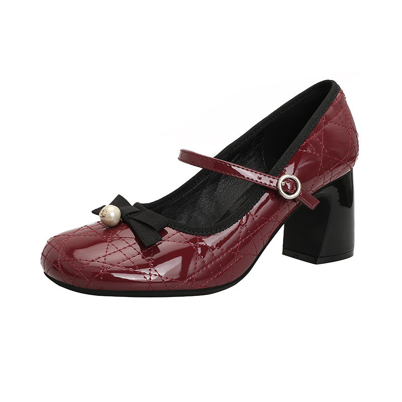 Wine Red Quilted Patent Leather Mary Jane Block Heel Pumps with Black Bow & Pearl Detail | Vintage Chic Women's Heels