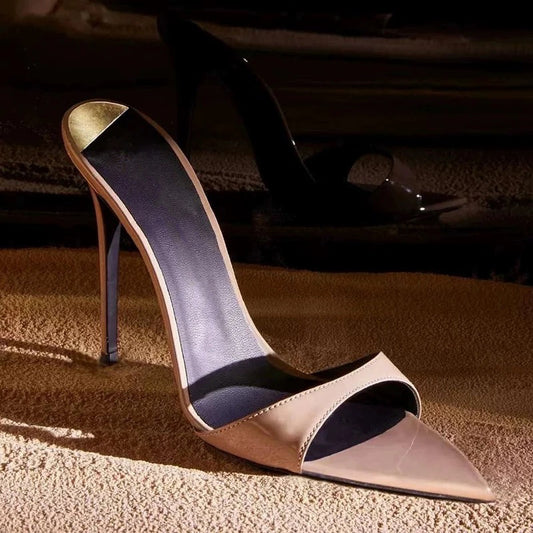 Black Patent Leather Single Strap Pointed Toe Stiletto Mule Heels | Women's Minimalist Slip-On High Heel Shoes