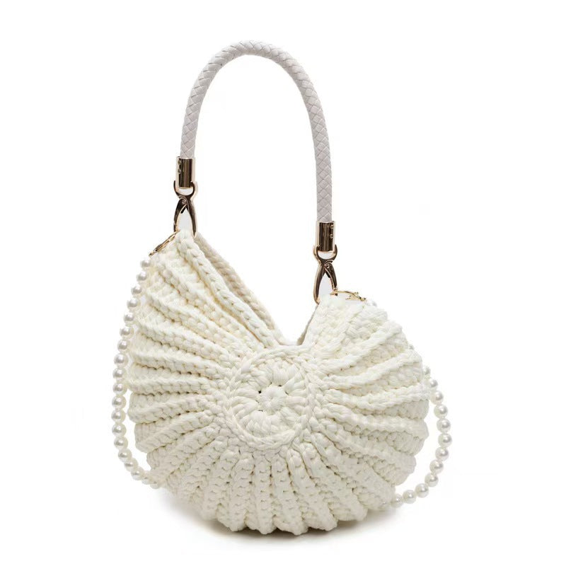 Handmade Crochet Knit Handbag | Boho Round Top Handle Bag with Pearl Strap ? Multiple Colors