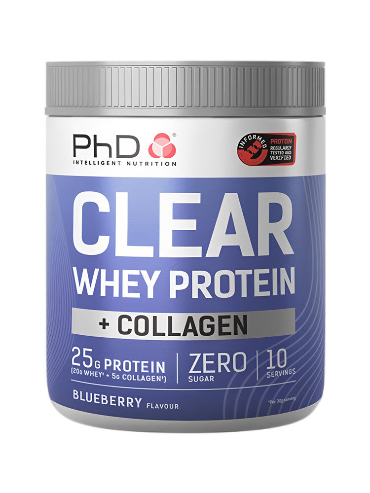 PhD Clear Whey Protein + Collagen Powder - Blueberry Flavor, 25g Protein, Zero Sugar, 10 Servings | Informed Sport Certified