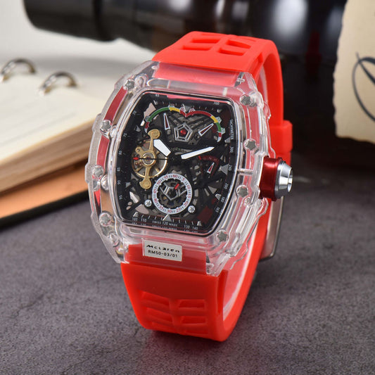 RM50-03 McLaren Style Men's Skeleton Watch | Transparent Case Tourbillon Tachymeter Black Rubber Strap Sport Luxury Watch