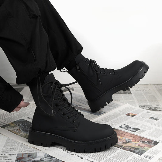 Black Combat Boots Men Women Lace Up Side Zip Platform Military Ankle Boots Matte Leather Tactical Boots