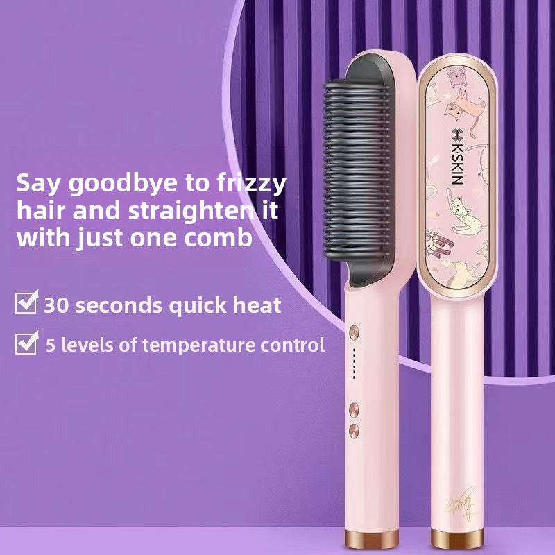 KSKIN White Electric Hair Straightening Brush | Cordless Ionic Anti-Frizz Hot Comb | Professional Portable Hair Straightener Brush for Women & Men