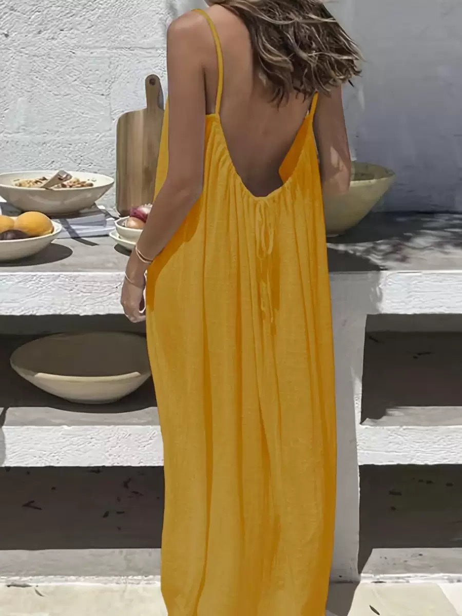 Women's White Open Back Tie Maxi Dress Spaghetti Strap Flowy Loose Beach Sundress Boho Summer Vacation Dress