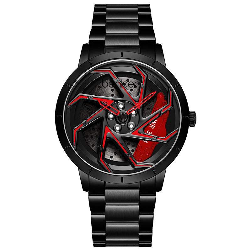 Bodeer Spinning Rim Watch Men | 3D Red Turbine Wheel Dial | Silver Stainless Steel Bracelet | Racing Car Enthusiast Watch