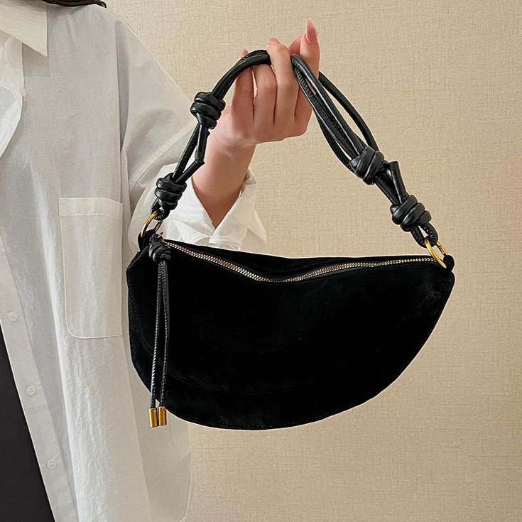 Black Suede Crescent Shoulder Bag | Knotted Strap Half Moon Hobo Bag with Gold Hardware & Charm