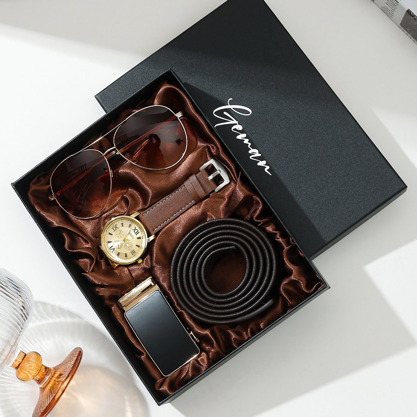 Geman Men's Luxury Gift Set – 6-Piece Black Leather Belt, Wallet, Watch, Bracelet, Keychain & Pen Box Set | Premium Men's Gift