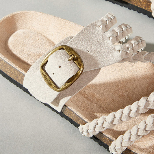 Cream Braided Strap Cork Footbed Sandals Gold Buckle Toe Post Flat Suede Sandal | Women Boho Summer Beach Casual Comfortable Everyday Fashion Sandals