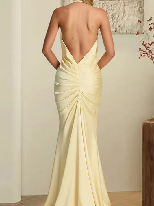 Abito lungo in raso giallo con scollo all'americana e scollo a V profondo | Abito da sera da donna con schiena scoperta e arricciature