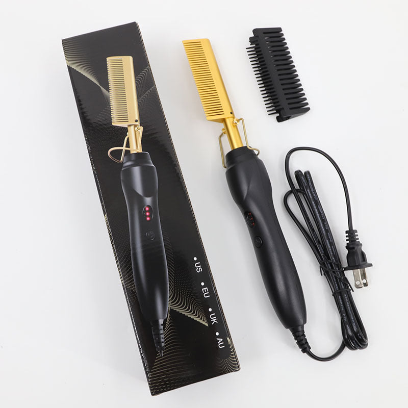 Gold Electric Hot Comb Press | Black Gold Straightening Pressing Comb with Protective Guard | US EU UK AU Plug Universal Voltage Hair Press Comb for Men & Women