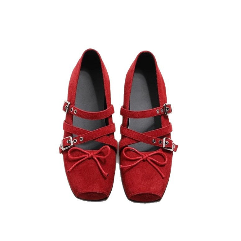 Black Patent Leather Mary Jane Flats | Double Buckle Strap Cross-Lace Bow Square Toe Women's Shoes