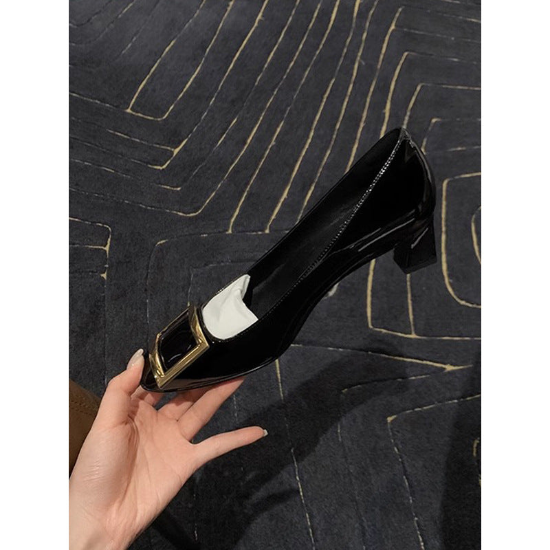 Nude Beige Patent Leather Square Toe Ballet Flats with Oversized Gold Square Buckle | Elegant Everyday Luxury Shoes for Women