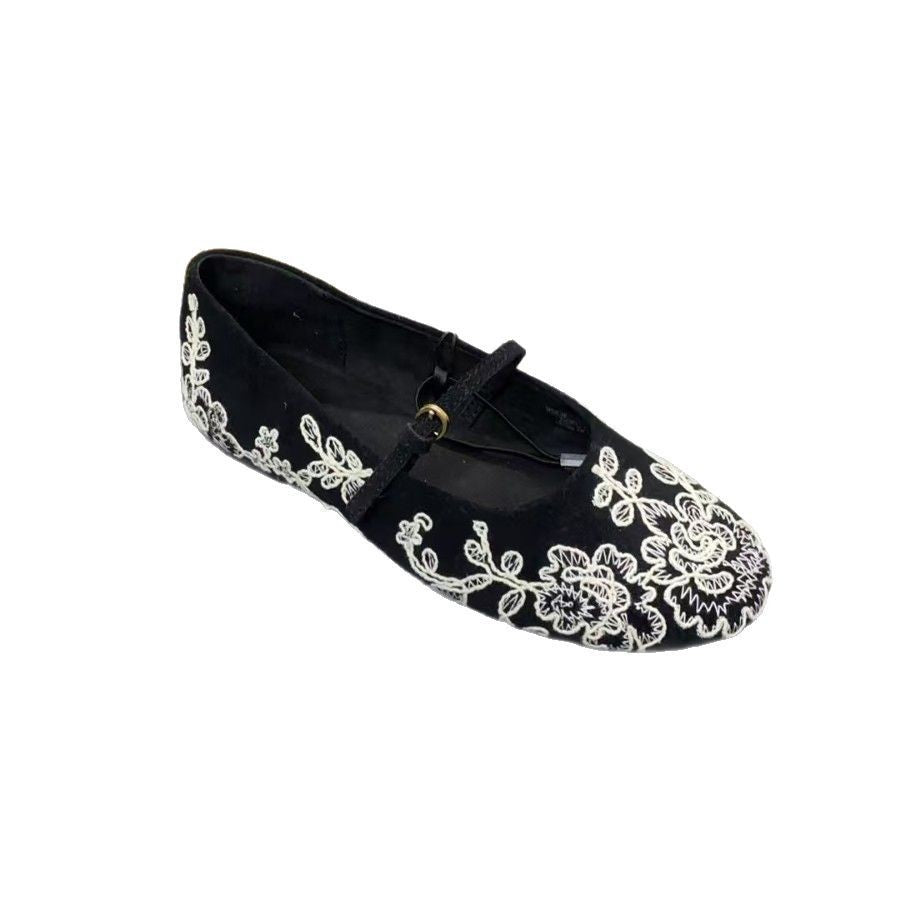 Zara Black Floral Embroidered Mary Jane Ballet Flats | White Lace Flower Strap Flat Shoes for Women