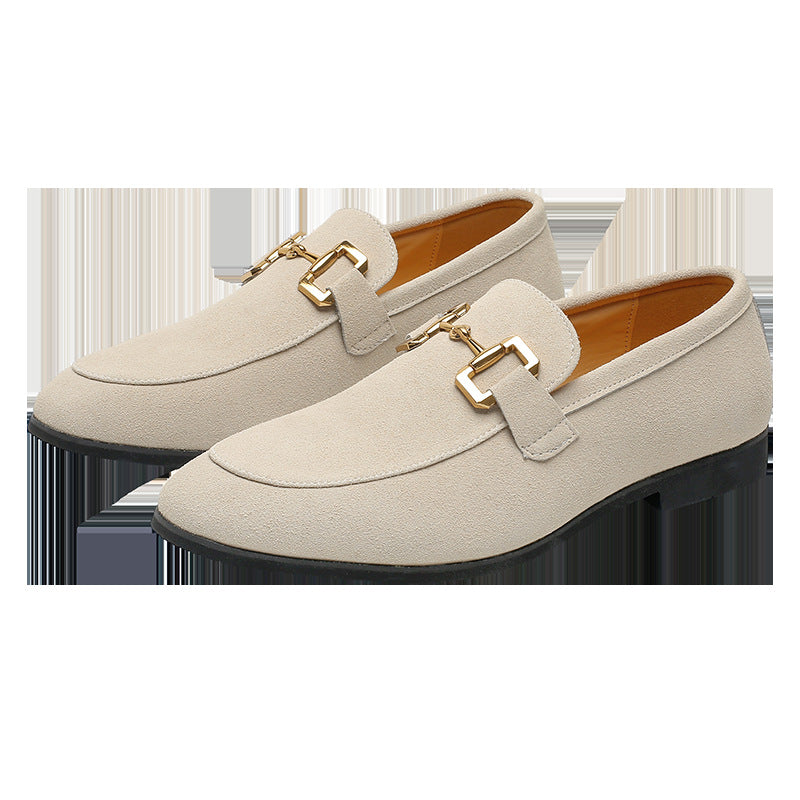 Beige Suede Horsebit Loafers for men| Gold Chain Slip-On Flat Shoes | Elegant Office Casual Footwear