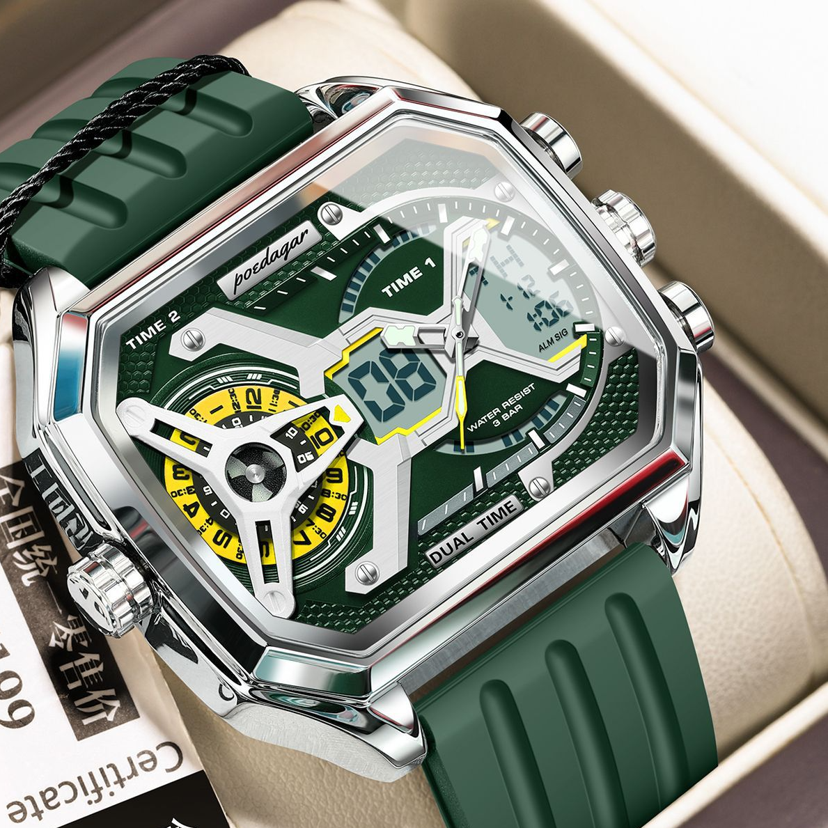 Poedagar Men's Dual Time Digital Analog Watch | Square Blue Rubber Strap | Military Sport Chronograph Waterproof