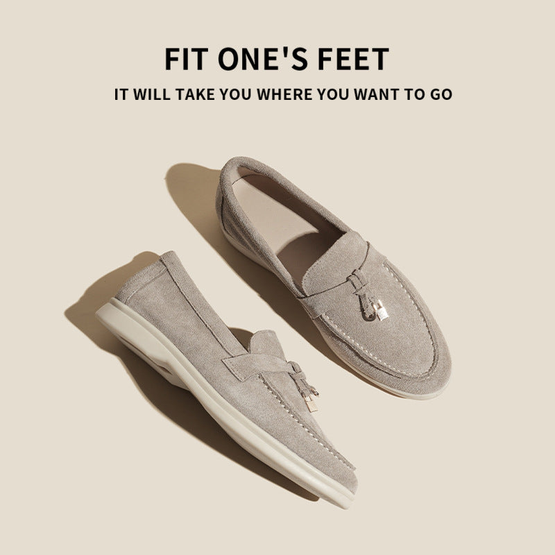 Women's Beige Suede Loafers with Gold Lock Charm ? Elegant Slip-On Flat Shoes for Everyday Luxury