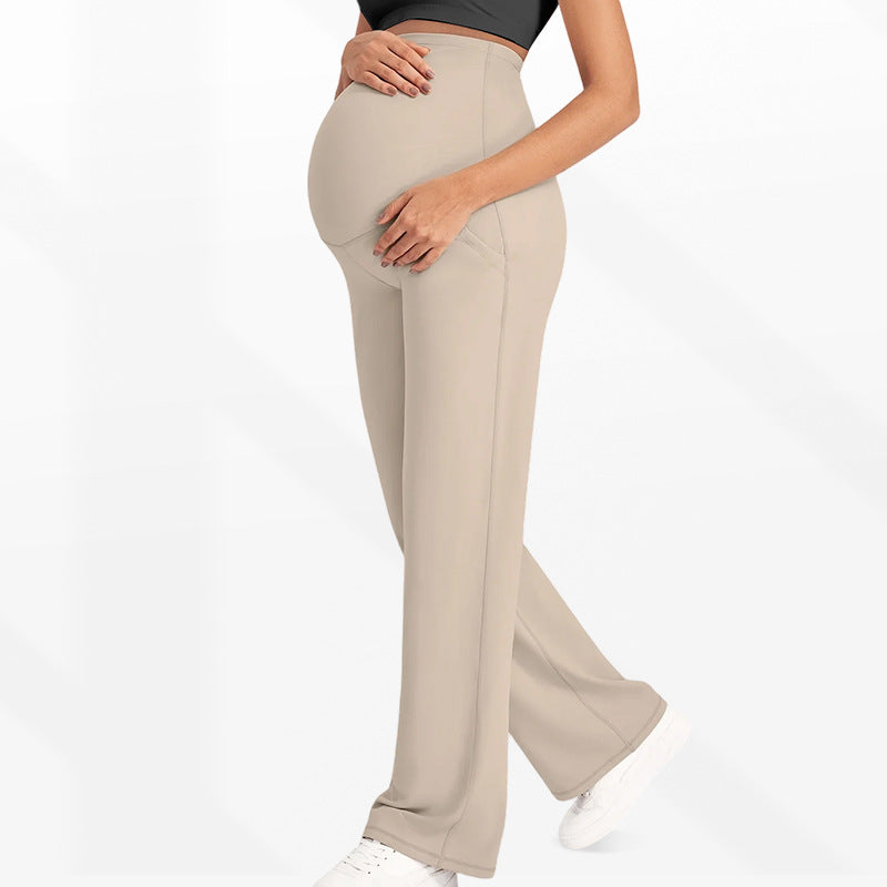 High Waist Maternity Wide Leg Pants with Pockets | Butt Lifting High Elastic Over Bump Pregnancy Trousers | Flowy Casual Lounge Pants | All Trimesters | Brown