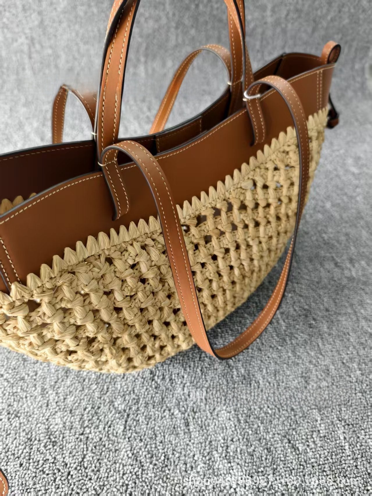 Pol�ne Style Natural Raffia Woven Tote Bag with Tan Leather Trim, Luxury Crochet Straw Market Basket Handbag Women, Boho Summer Beach Shopper, Elegant Vacation Gift
