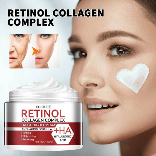 OUHOE Retinol Kollagen Komplex Tages- & Nachtcreme | Hyaluronsäure Anti-Aging Formel | Straffende Feuchtigkeitsspendende Schützende Gesichtscreme | 30g