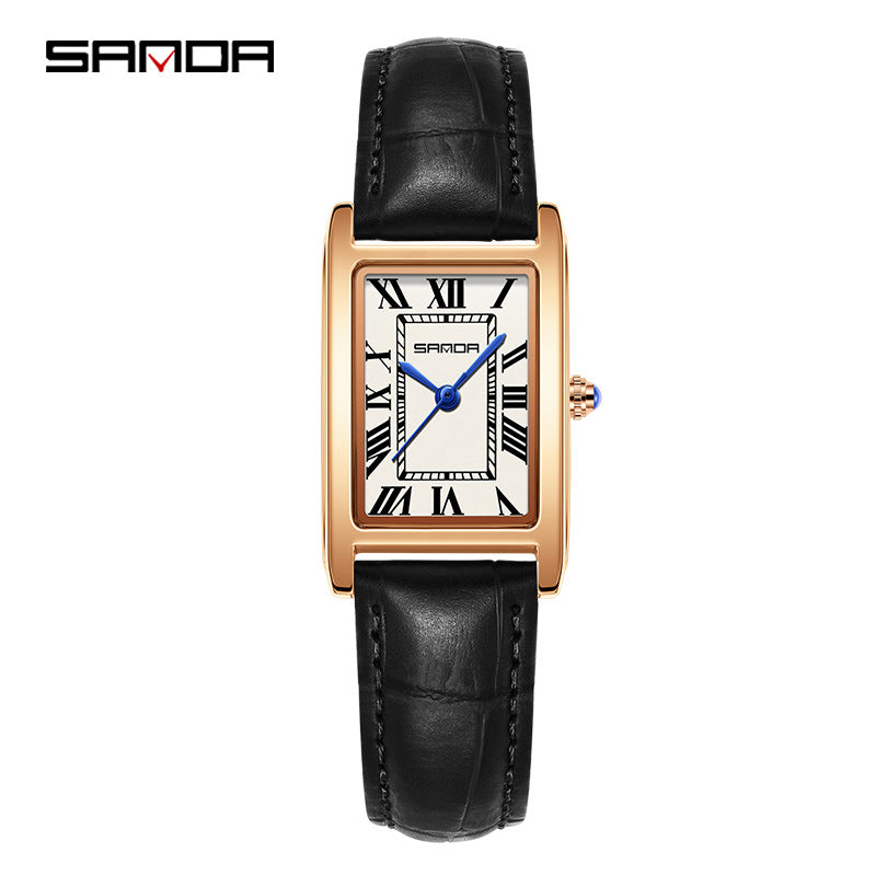 SANDA Women's Rectangle Rose Gold Watch | White Roman Numeral Dial Blue Hands Black Leather Strap Classic Quartz Timepiece