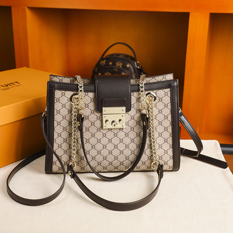 Genuine Leather Beige Monogram Canvas Tote Bag with Gold Chain | Designer Style Handbag