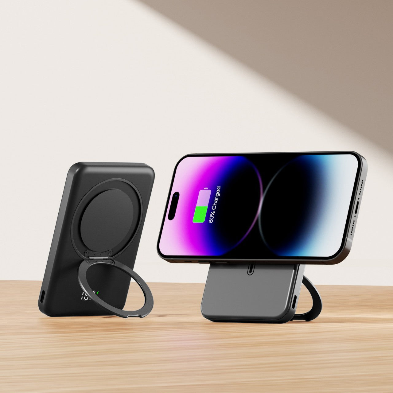 Magnetic Wireless Charging Power Bank with Kickstand & Ring Holder | MagSafe Compatible Portable Charger for iPhone