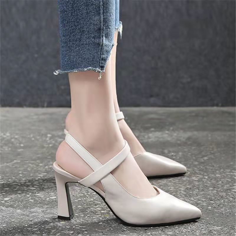 Beige Pointed Toe Slingback Heels | Elegant Block High Heel Sandals for Women | Classic Ankle Strap Pumps