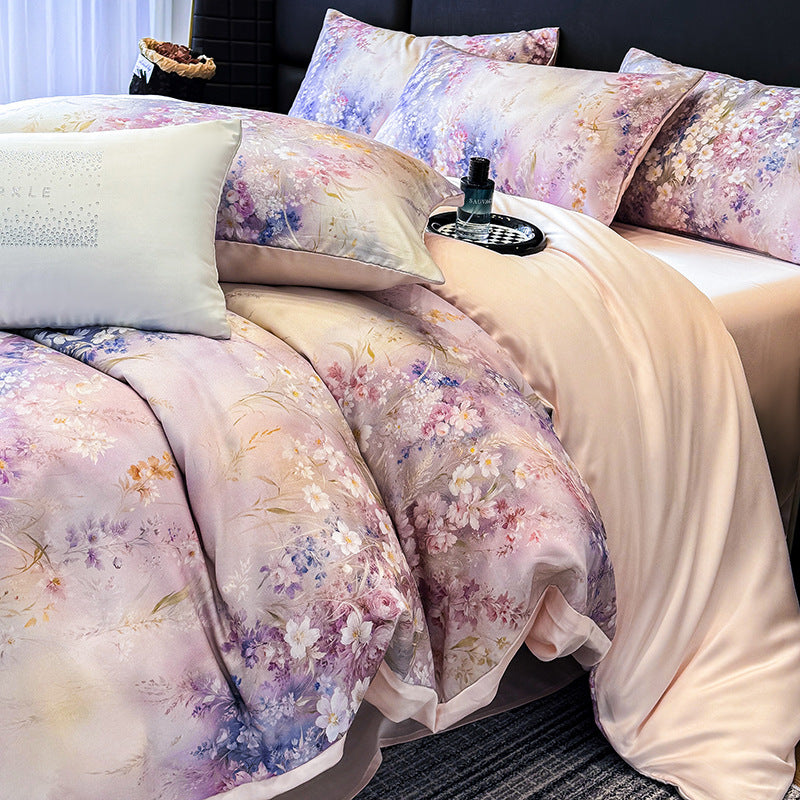 Luxury Floral Satin Bedding Set - Romantic Pink Purple Botanical Print Duvet Cover with Pillowcases - Silky Soft Egyptian Cotton Style Bed Linen Set for Queen King - Elegant Bedroom Decor