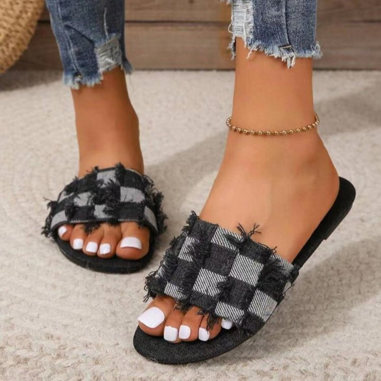 Women's Black Checkered Frayed Denim Flat Slides ? Casual Open Toe Slip-On Summer Sandals