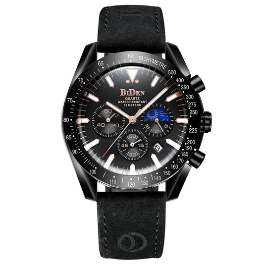 BiDen Men's Quartz Chronograph Watch | Blue Dial Tachymetre Bezel | Brown Suede Leather Strap | Water Resistant Sport Watch with Moon Phase & Date