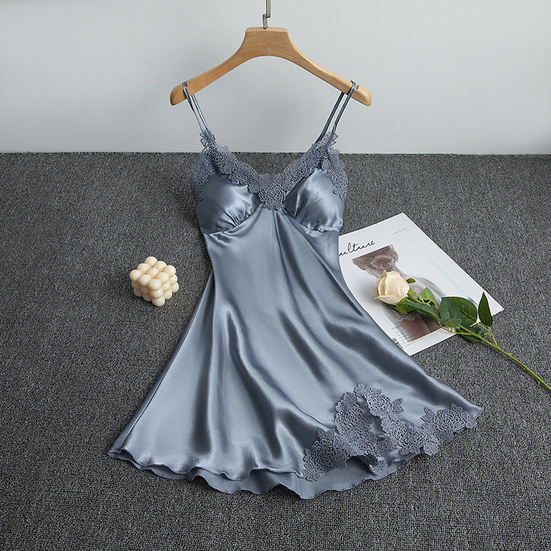 Women's Wine Red Satin Lace Trim 2 Piece Nightgown and Robe Set Sexy V Neck Slip Dress with Belted Dressing Gown Sleepwear